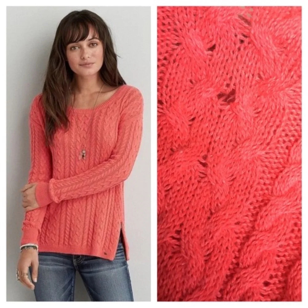 American Eagle Outfitters Coral Cable Knit Scoop Neck Sweater